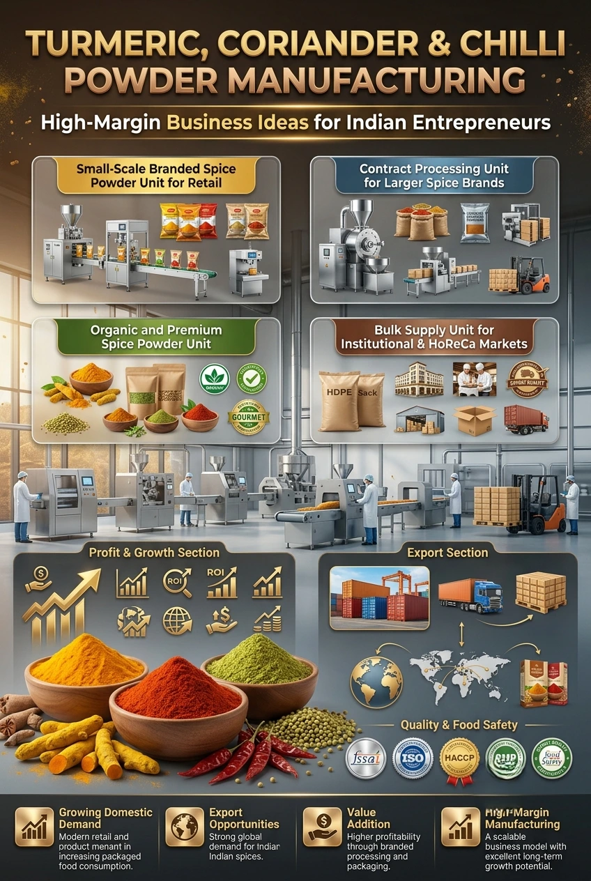 Spice powder manufacturing business with turmeric coriander and chilli powder