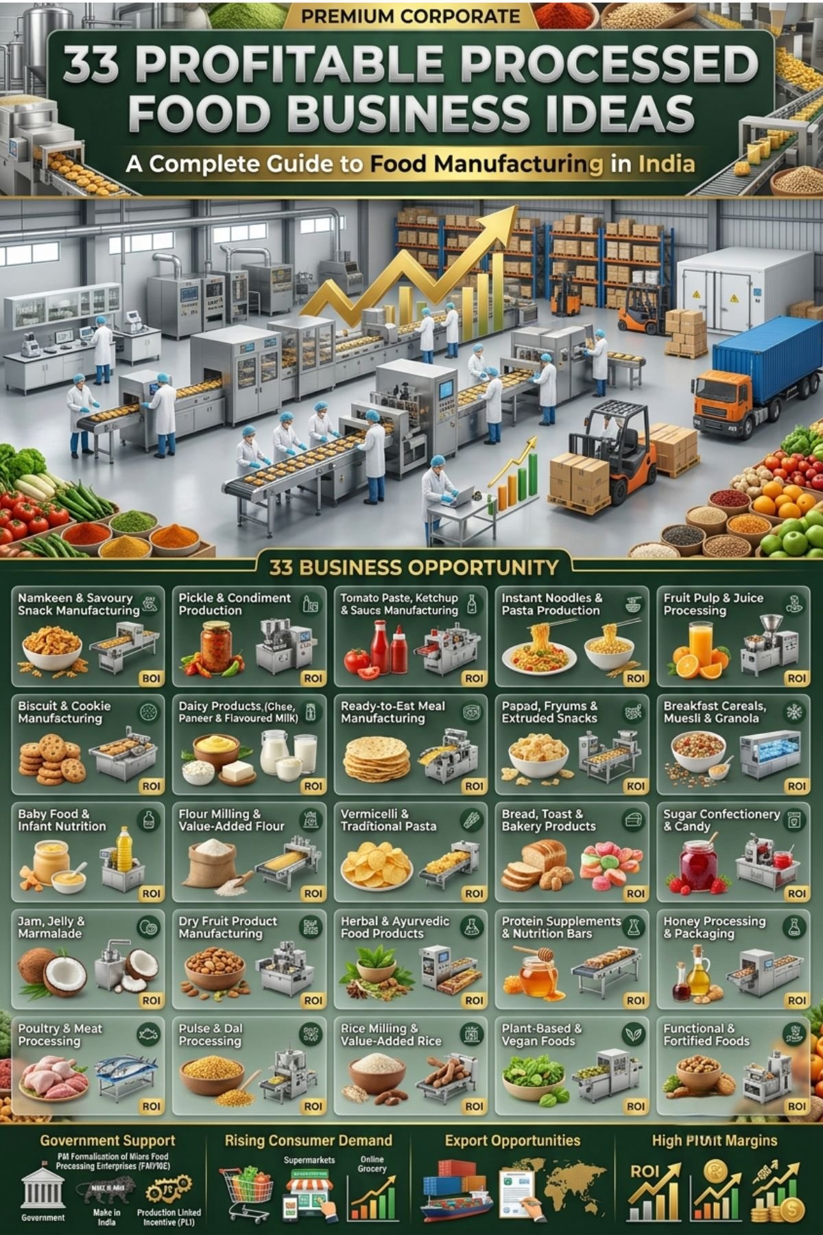 This image represents various processed food business opportunities in India including snacks, spices, dairy products, frozen foods, and packaged food manufacturing startups suitable for entrepreneurs.