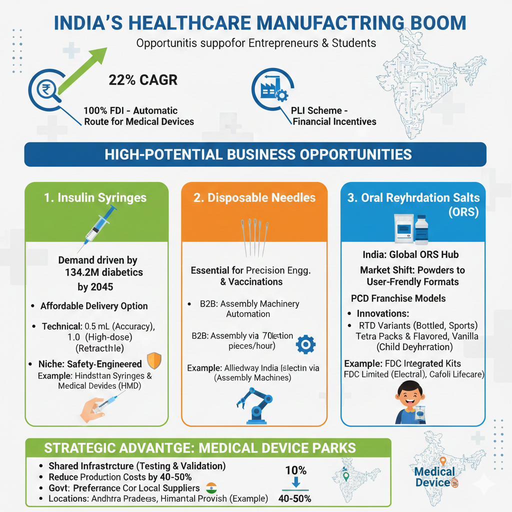 Healthcare manufacturing business India: insulin syringes, needles & ORS liquid