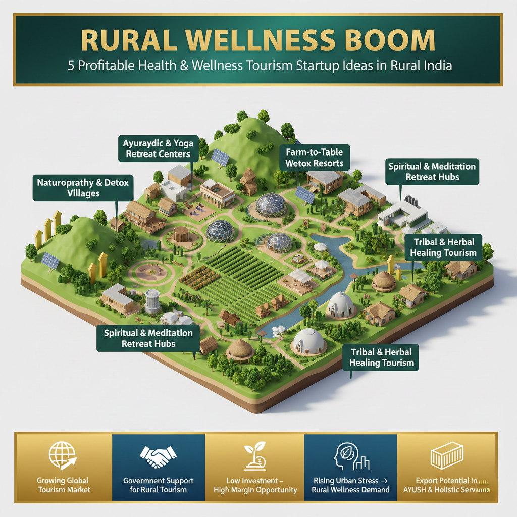This image shows a handmade wellness homestay kit including herbal soaps, massage oils, natural balms, and eco-friendly packaging, ideal for rural tourism businesses.