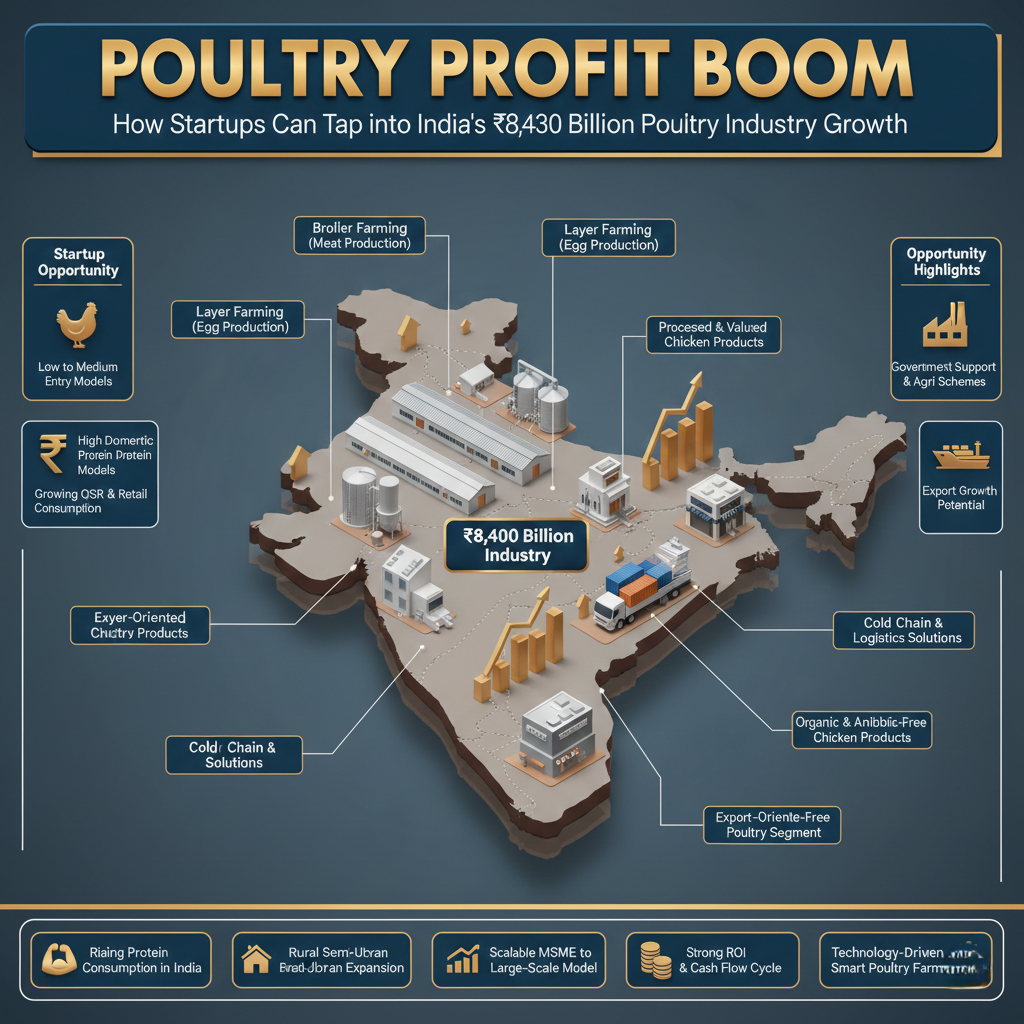 Modern poultry farm in India showing chickens in organized pens