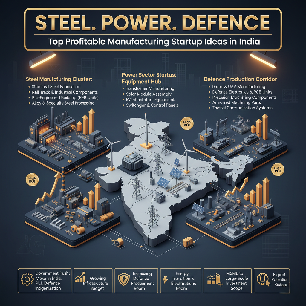 Manufacturing Startup Ideas India in steel power and defence sectors
