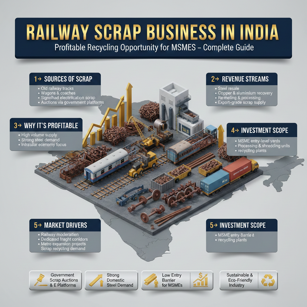 Railway scrap business in India showing old railway tracks and steel scrap materials