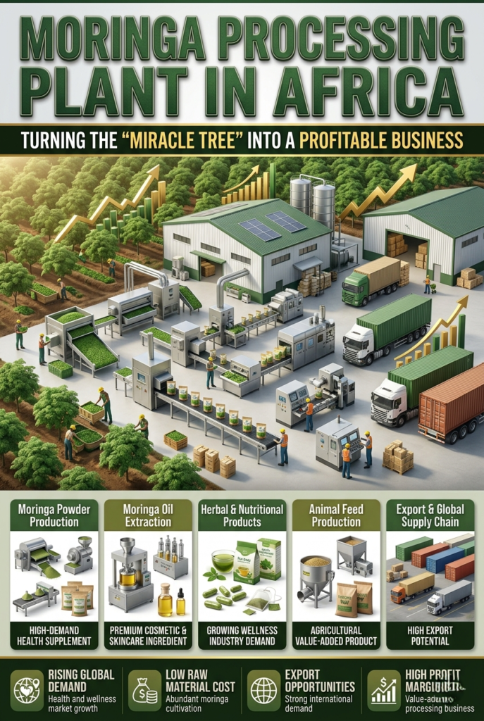 Moringa processing plant in Africa producing leaf powder and seed oil