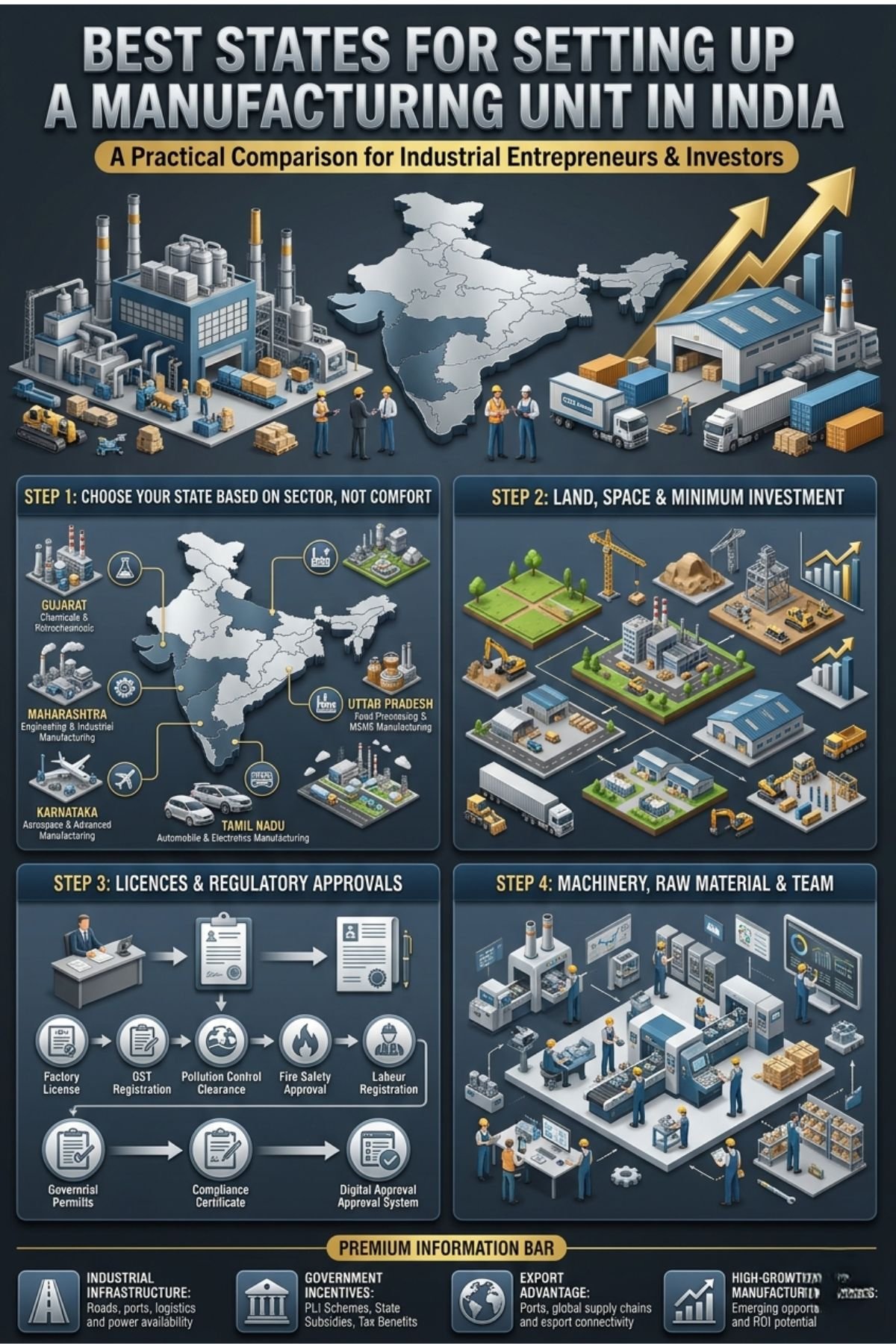 Best States for Setting Up a Manufacturing Unit in India comparing Gujarat, Telangana, Uttar Pradesh, Maharashtra and Tamil Nadu