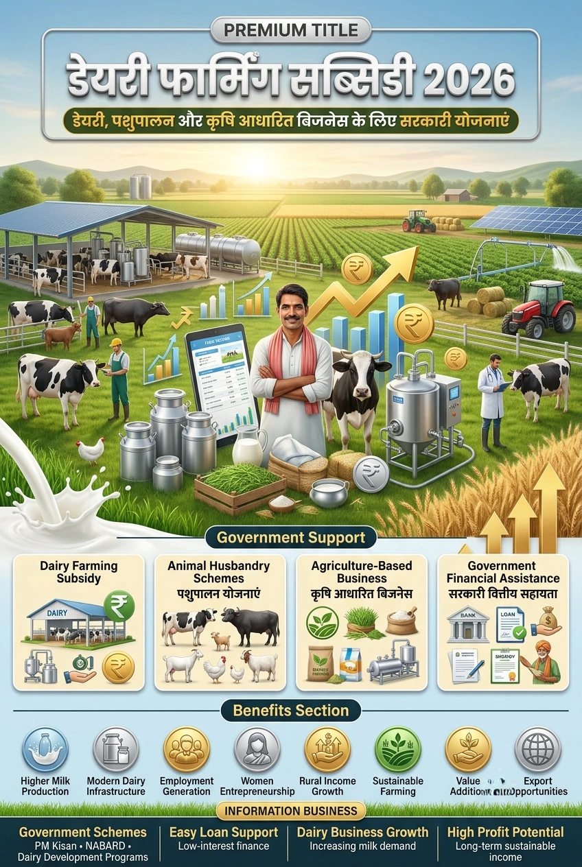 डेयरी फार्मिंग सब्सिडी 2026 और कृषि आधारित बिजनेस योजनाएं