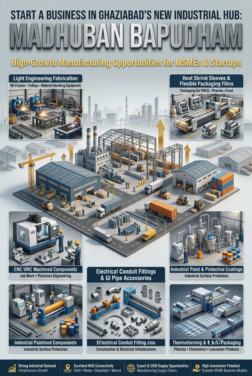This image highlights Madhuban Bapudham Industrial Hub in Ghaziabad, a developing industrial area with opportunities for manufacturing businesses, MSMEs, startups, and factory investments. The blog covers business ideas, government schemes, project reports, factory setup guidance, and how NPCS (Niir Project Consultancy Services) helps entrepreneurs prepare bankable Detailed Project Reports (DPRs) and feasibility studies for new industrial ventures.