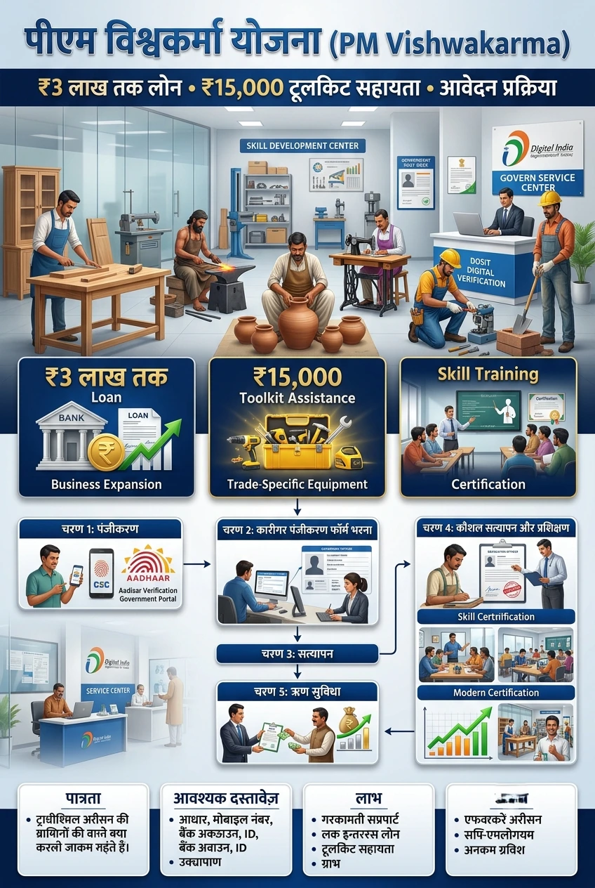 PM Vishwakarma Yojana 2026 के तहत ₹3 लाख लोन और ₹15,000 टूलकिट सहायता