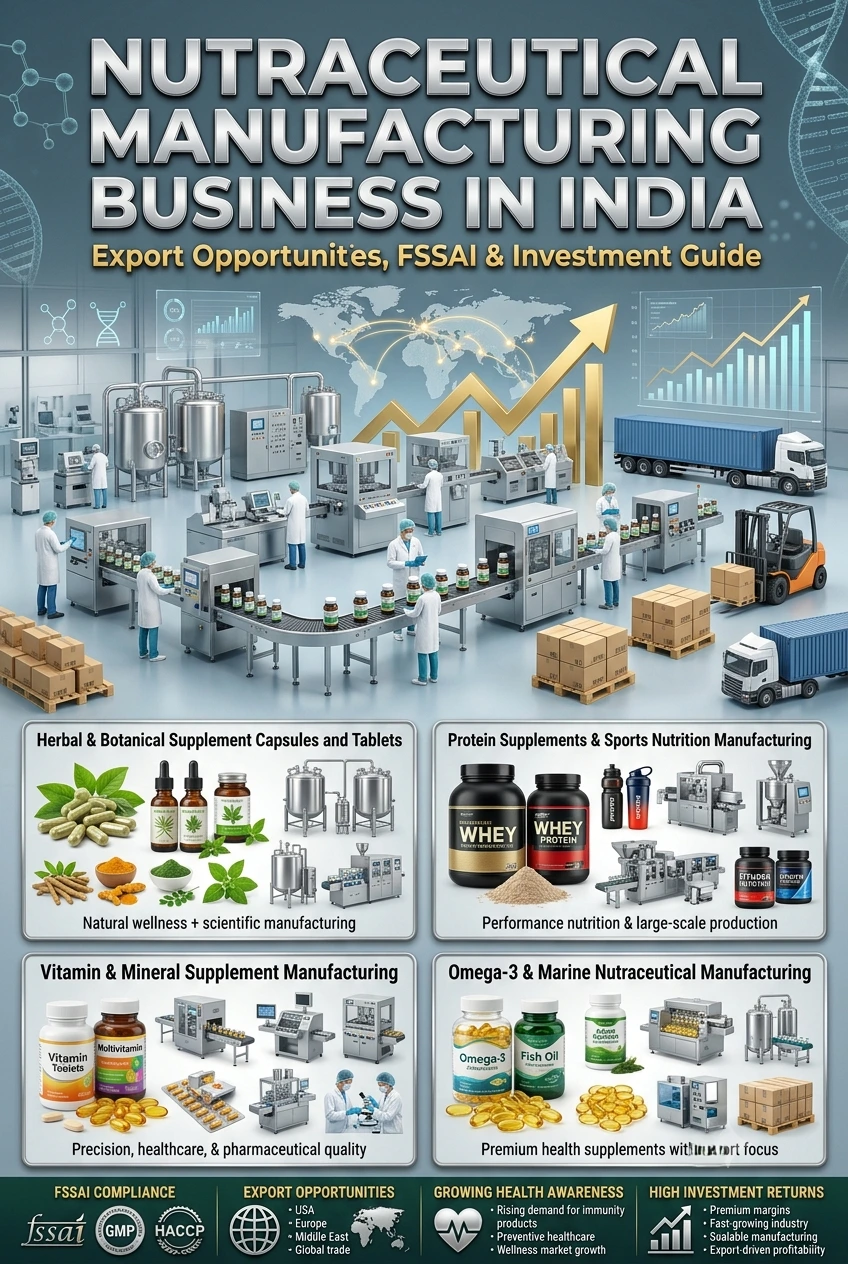 Nutraceutical manufacturing business in India showing dietary supplement production and export facility