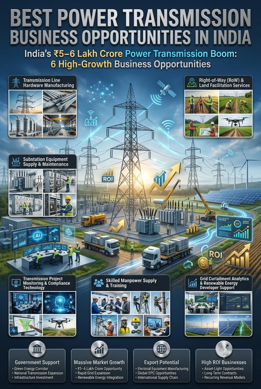 Power Transmission Business Opportunities in India with transmission towers and electrical grid infrastructure