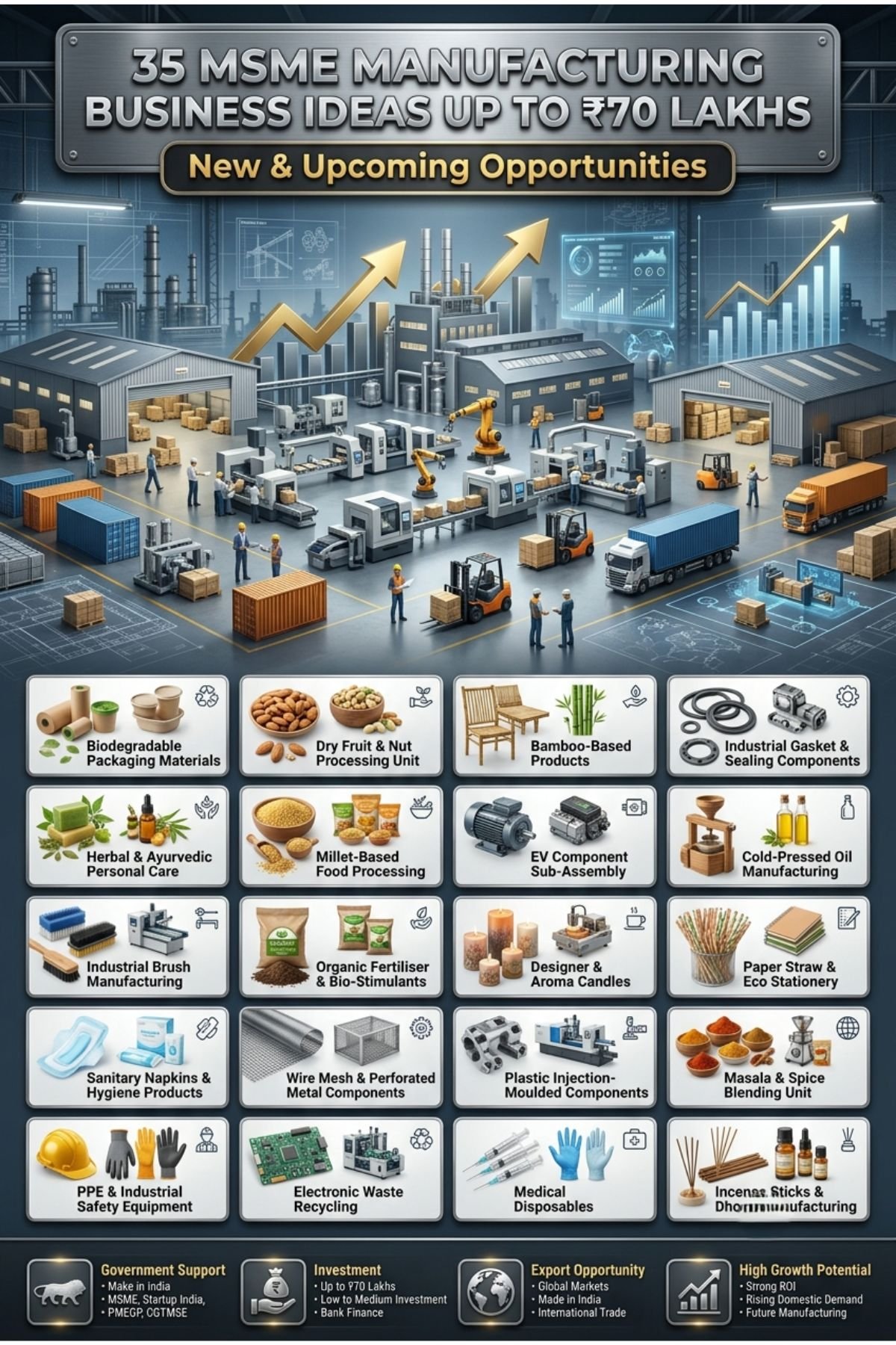 MSME manufacturing business ideas under 70 lakhs in India showing profitable startup opportunities for 2026 entrepreneurs
