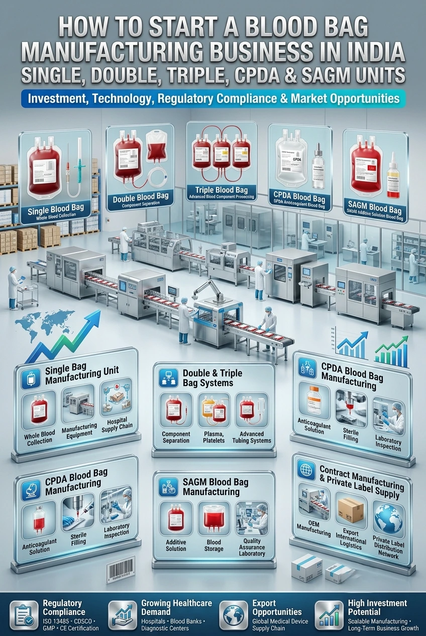 Blood bag manufacturing business in India with Single, Double, Triple, CPDA and SAGM blood bags