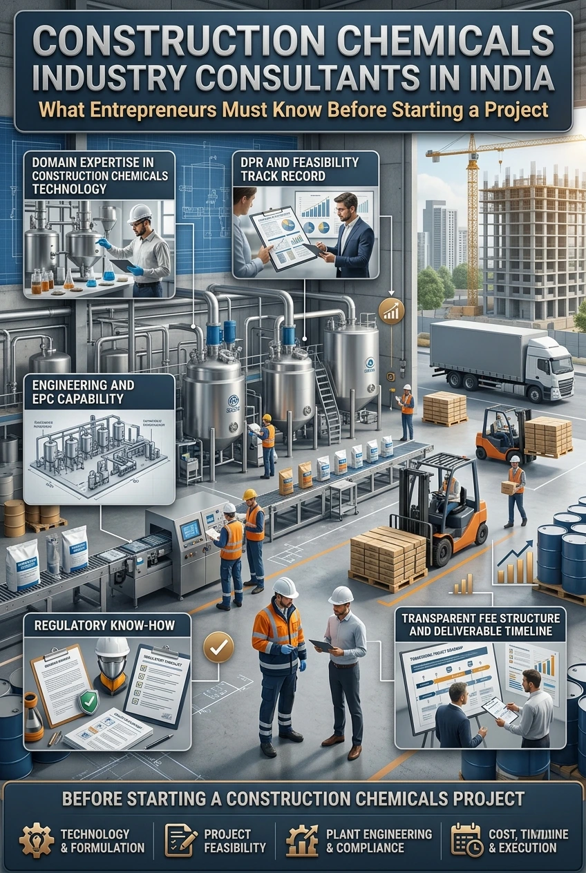 An overview of construction chemicals industry consultancy in India, covering project feasibility, DPR preparation, process engineering, EPC services, regulatory compliance, market research and manufacturing plant setup.