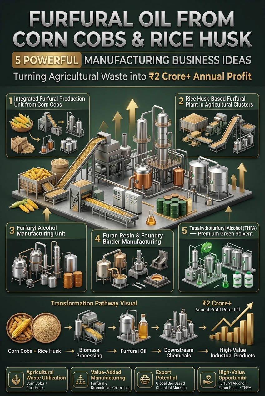 Furfural manufacturing from corn cobs and rice husk in India