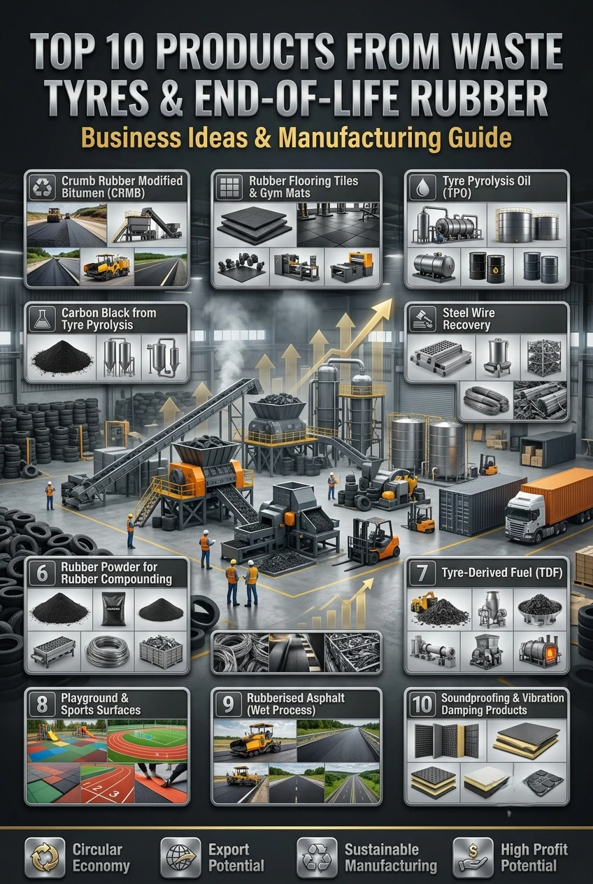 Waste tyre recycling business plant converting old tyres into useful products