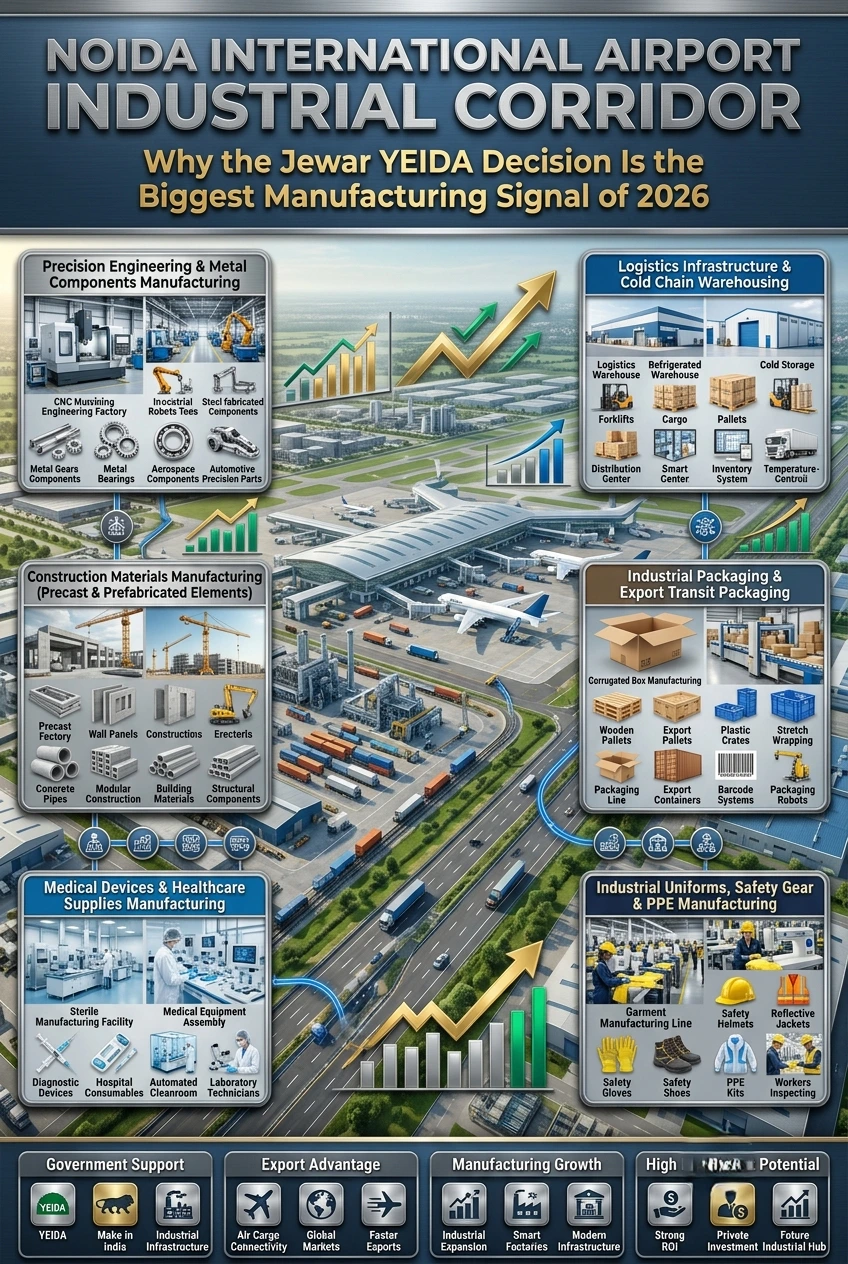 Noida International Airport Industrial Corridor at Jewar with manufacturing units, logistics parks, warehouses, and the International Trade City