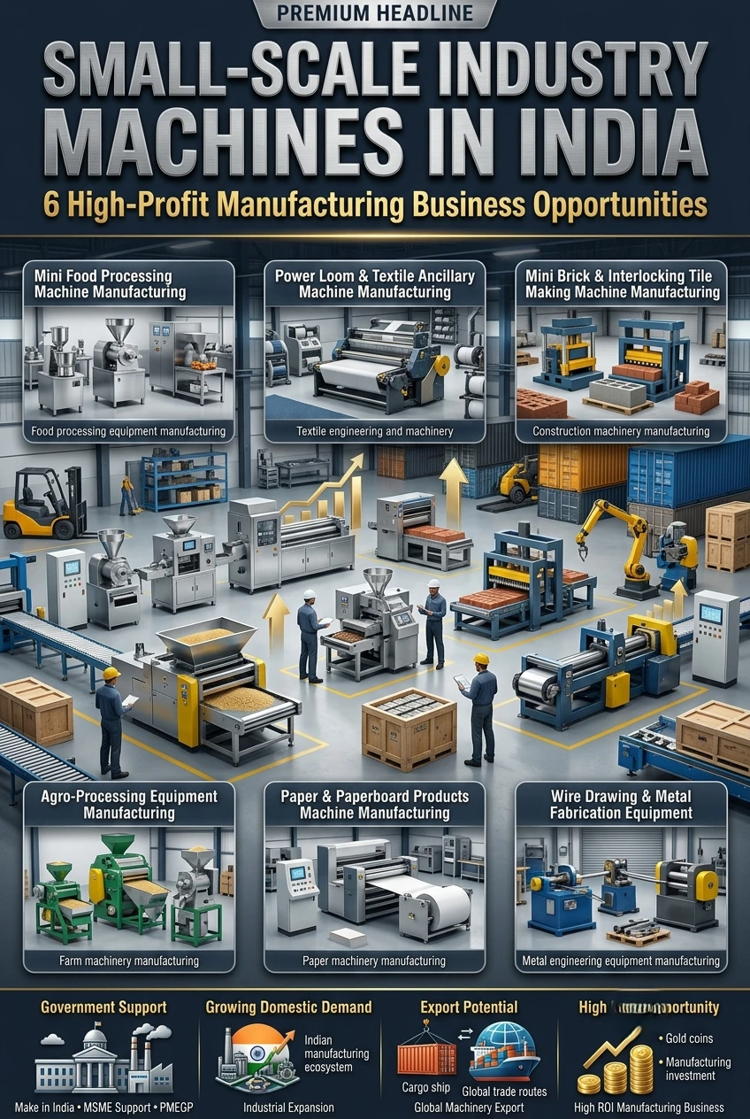 Small scale industry machines used for manufacturing food processing, textile, agro-processing, paper products, and construction equipment in India