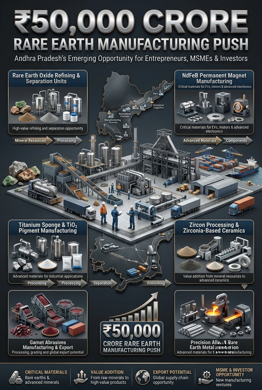 Illustration of Andhra Pradesh's emerging rare earth manufacturing ecosystem, showing critical mineral processing, rare earth permanent magnets, titanium products and business opportunities for entrepreneurs, MSMEs and investors.